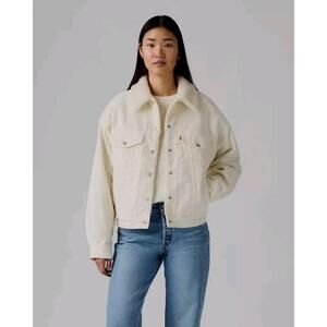 Levi’s Sherpa Lined Denim Jacket Women’s Cream Trucker Coat Corduroy Size M